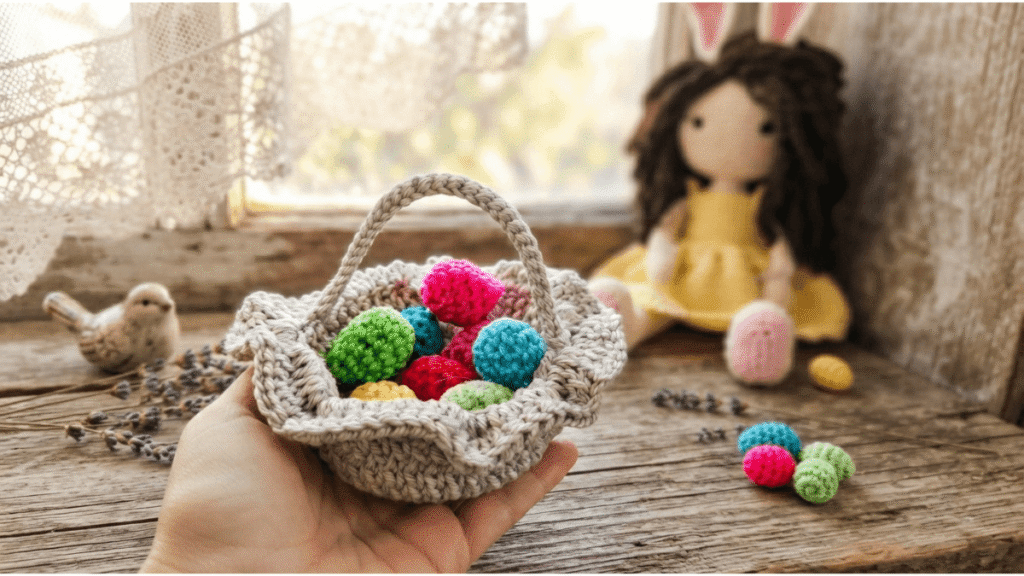 Free Mini Crochet Easter Basket and Eggs Pattern by EmmaS Dolls.